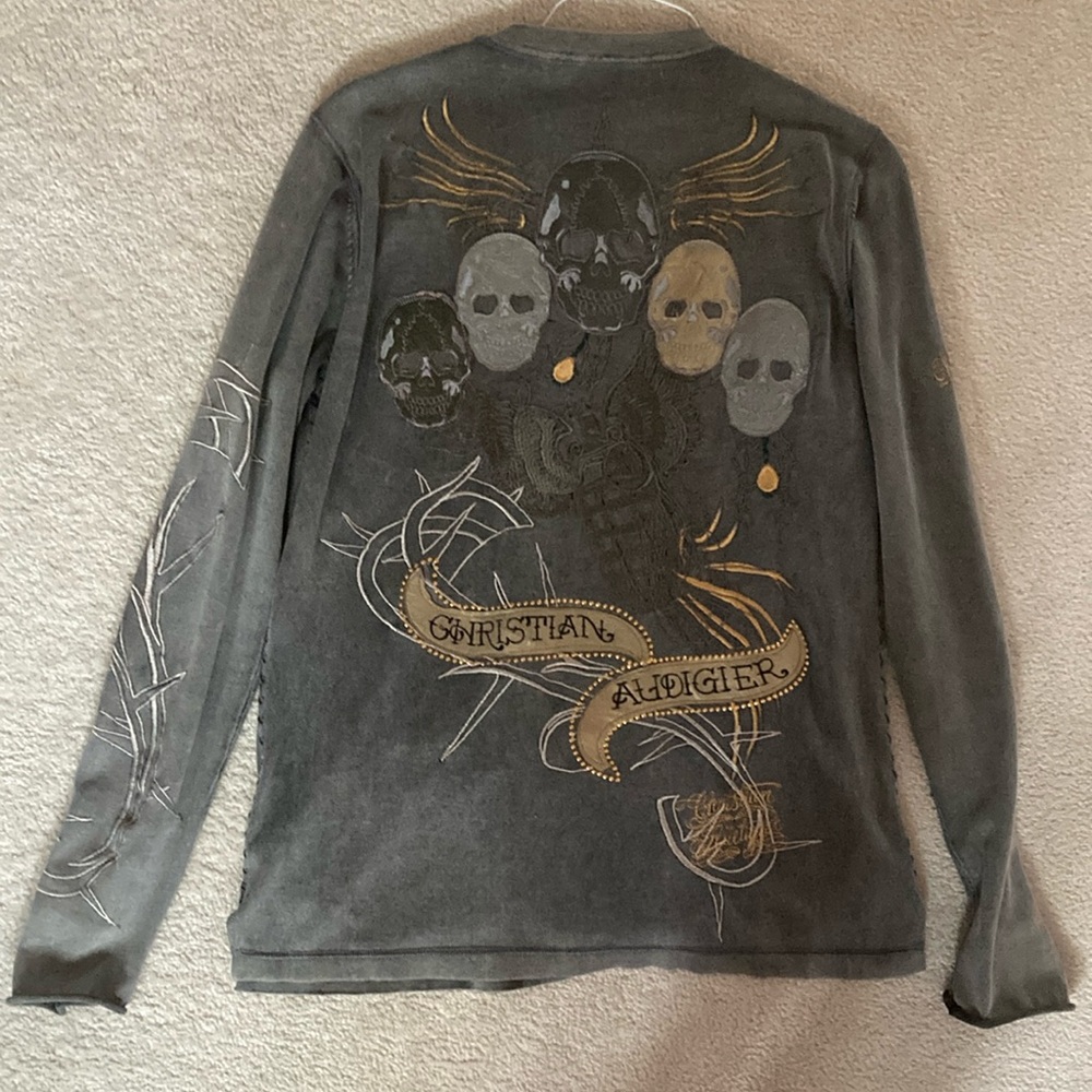 Christian Audigier Gray and Gold Skull Graphic Shirt